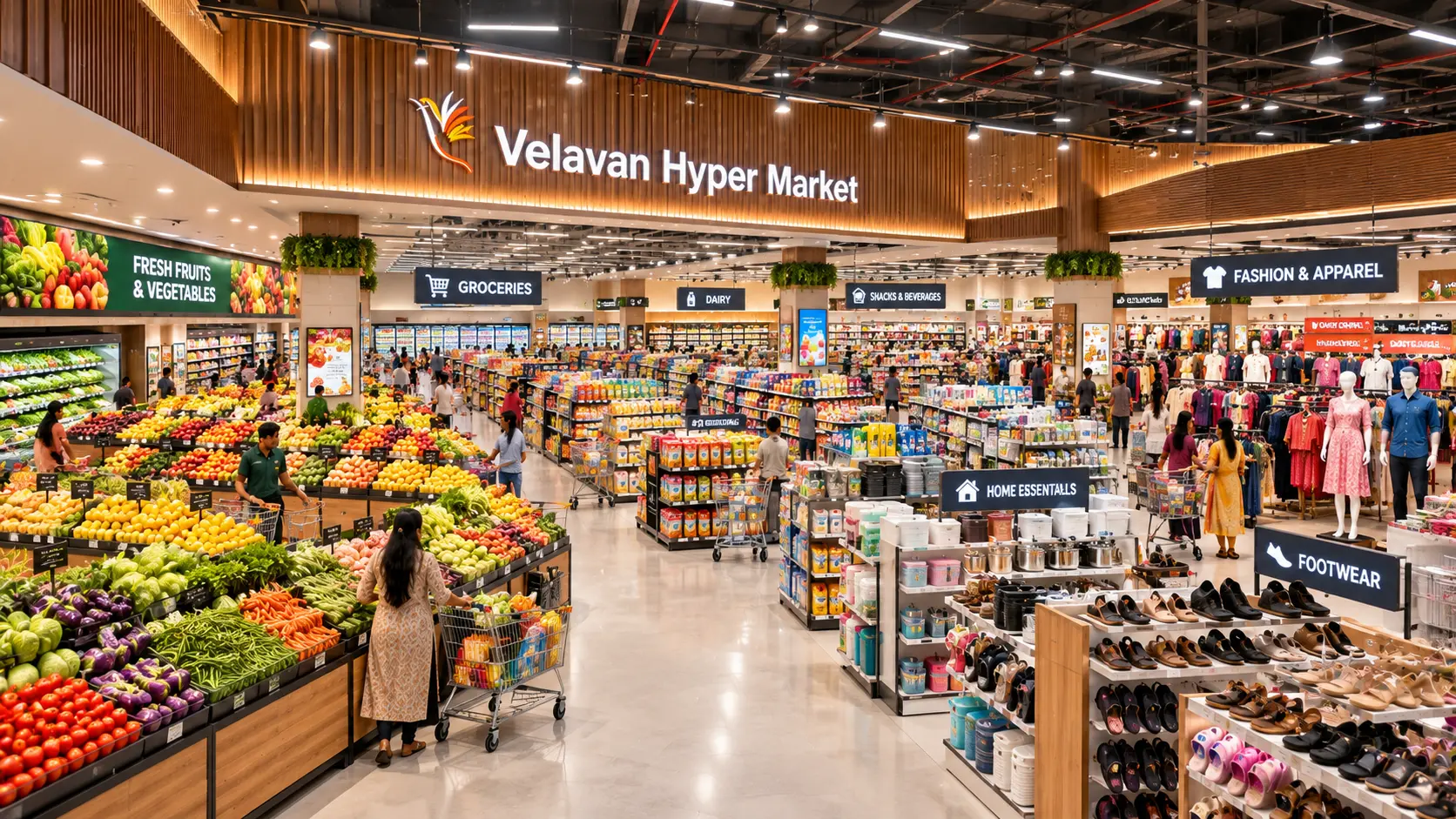 Velavan Hypermarket interior in Kappalur Madurai with groceries vegetables fashion and footwear