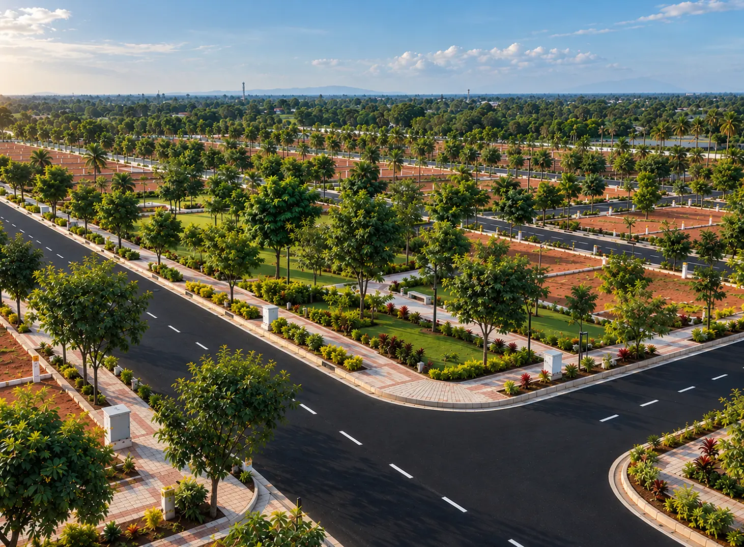 Planned landscaped trees and walking pathways